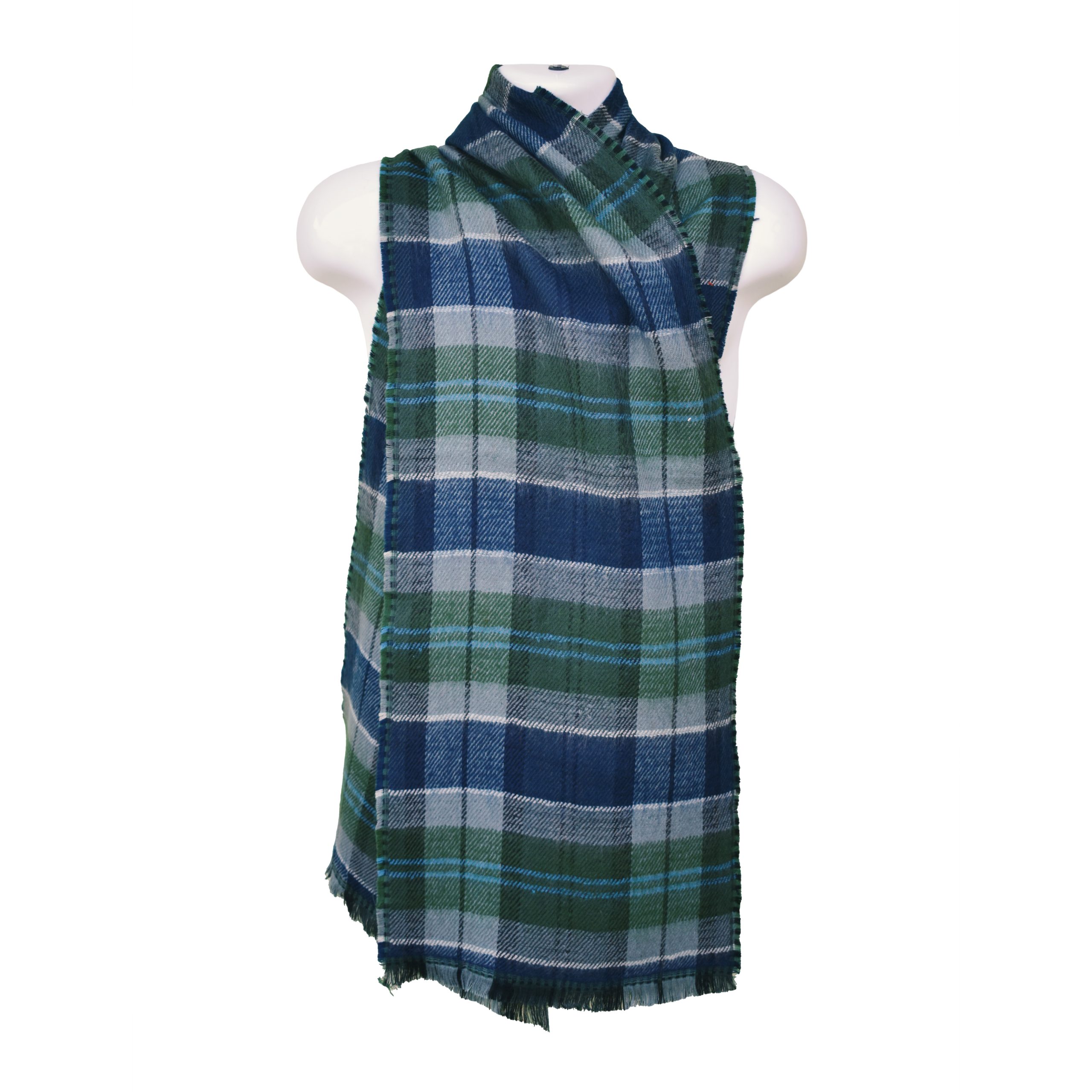 High-Quality Woolen Mens Scarf - Jacquard Style - Blue, Green & Gray