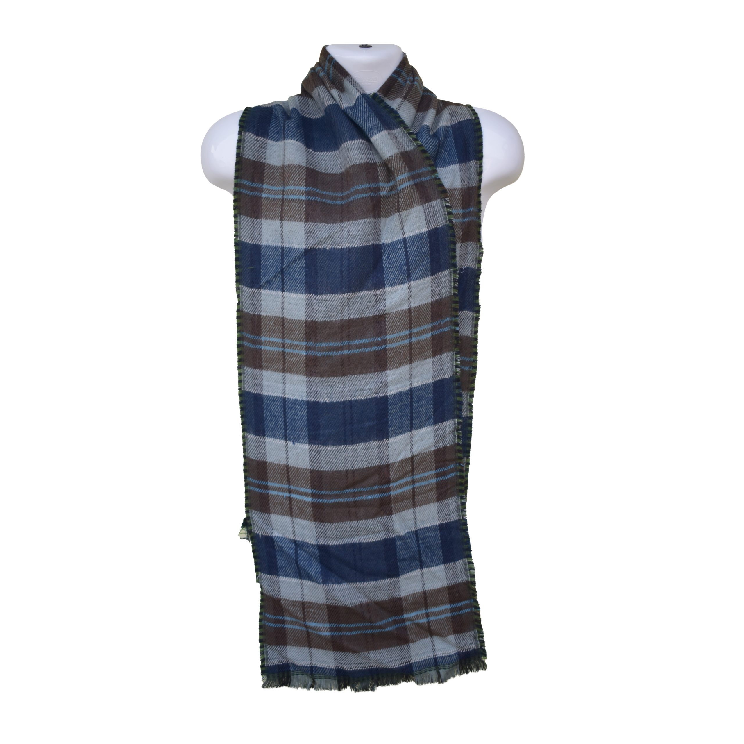 High-Quality Woolen Mens Scarf - Jacquard Style - Blue, Brown & Gray