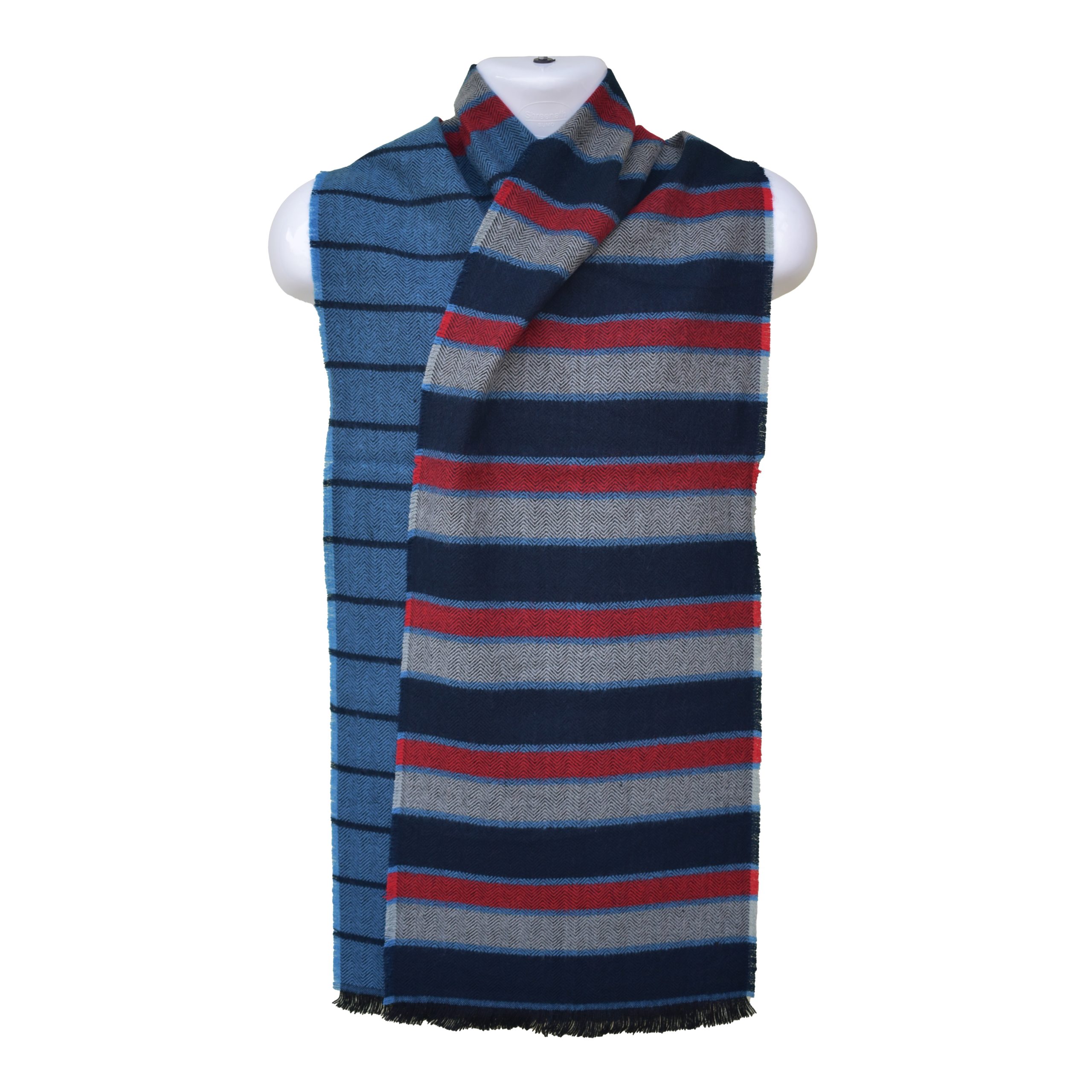 High-Quality Woolen Mens Scarf - Jacquard Style - Blue, Red & Gray