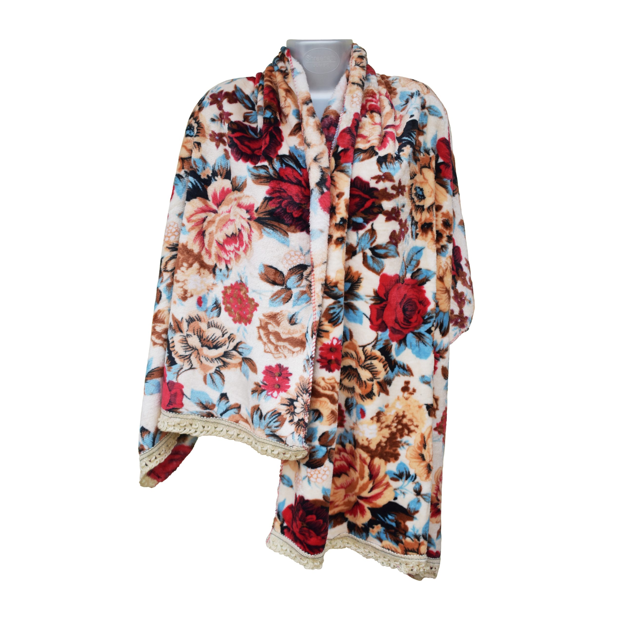 Floral Print Women Fur Scarf - Cream Color